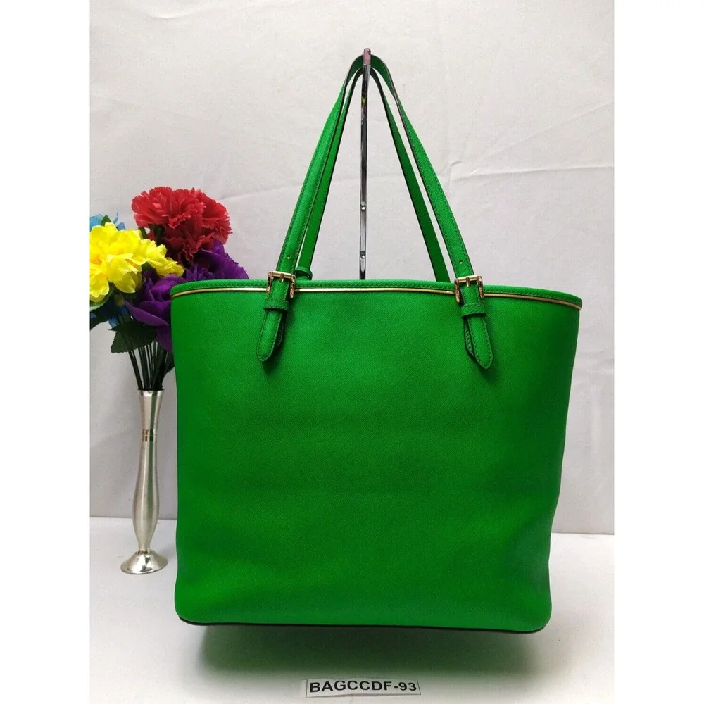 Michael Kors Jet Set Green Leather Pocket Double Handles Tote Bag